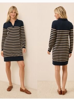 Pact 100% Organic Cotton Striped Sweater Dress Navy Cream Collared Knit Midi M